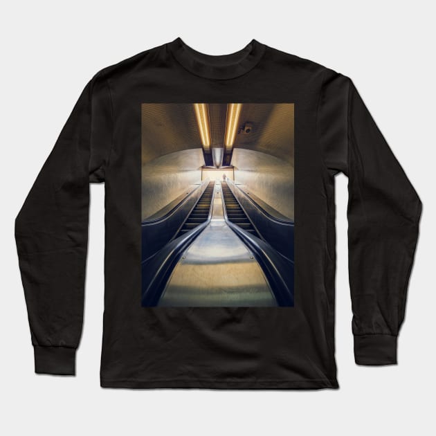 climbing a subway escalator Long Sleeve T-Shirt by psychoshadow